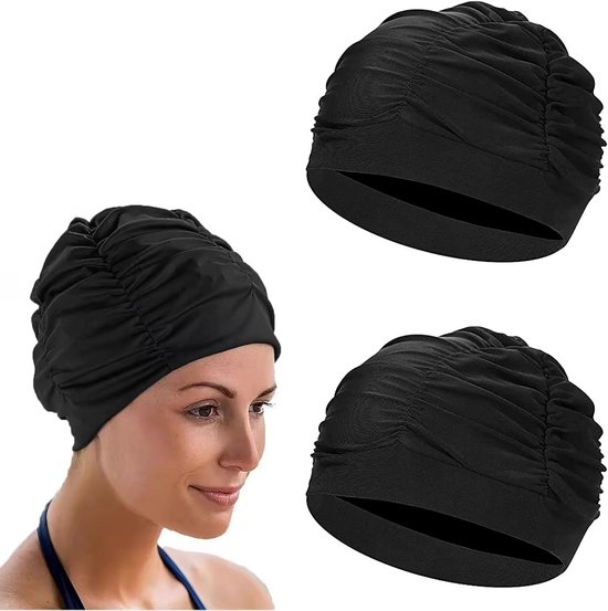 2 stuks dames badmuts, geplooide badmuts, zeer elastisch nylonmateriaal, geen drukgevoel op het hoofd, ademend, badmuts voor volwassenen, badmuts voor lang haar, zomer, strand, zwembad