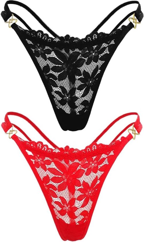 2 stuks damesstrings kanten broekje tanga's set sexy T lage taille broekje doorschijnend antislip bikini tanga's multipack