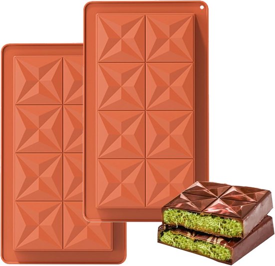 2 stuks diepe chocoladereep mallen siliconen, dikke chocoladereepvorm, diamant grote chocoladereepvormen, vierkante grote chocoladevormpjes, grote chocoladereepvormen voor chocolade pralinesnoepjes