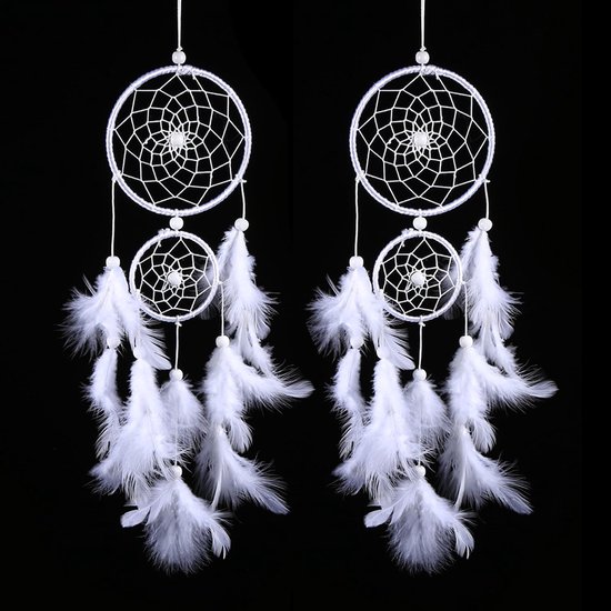 2 stuks dromenvangers wit met veren en parels, wanddecoratie