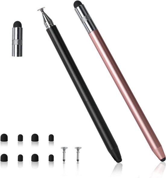 2 stuks dual-end high-sensitivity capacitieve styluspen met 8 rubberen punten voor smartphones, tablets en touchscreen-apparaten.