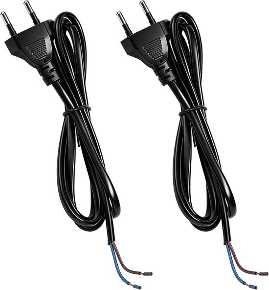 2 stuks eurostekkerkabel met stekker, 1,5 m netsnoer met IP20-2 x 0,75 mm²