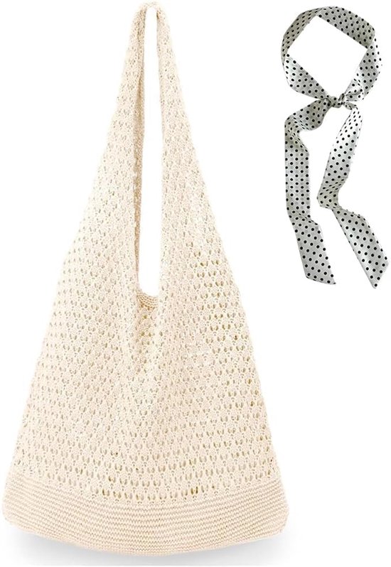 2 stuks gehaakte strandtassen set met geperforeerde schouderdoek met halsdoek aan zee haken van mesh crochet dames schoudertas strand