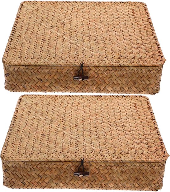 2 Stuks Geweven Opbergdoos Opbergbakken Met Deksels Opbergmanden Speelgoed Opbergbakken Decoratieve Opbergbak Zeegrasmand Met Deksel Zeegras Geweven Mand Geel Zeewier,