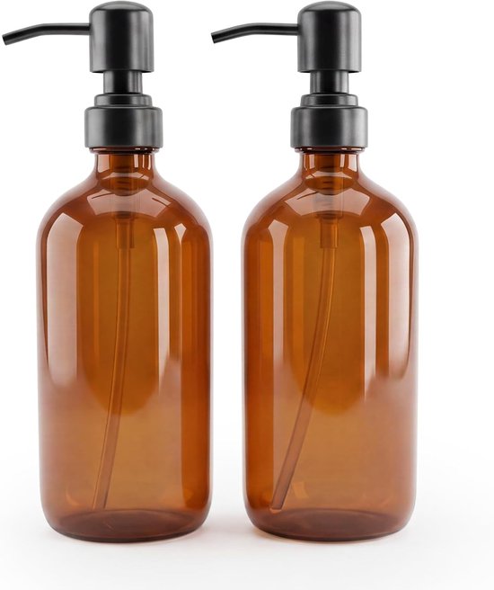 2 stuks glazen zeepdispenser met roestvrijstalen pomp, 500 ml handzeepdispenser, navulbare amberkleurige glazen zeepdispenser voor keuken en badkamer met pomp en label