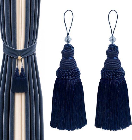 2 stuks gordijnkwastjes tie-backs zijden decoratieve holdbacks met kristallen kraal en touw lus elegante handgemaakte franjes stropdas ruggen voor woonkamer slaapkamer raam gordijn (marineblauw)