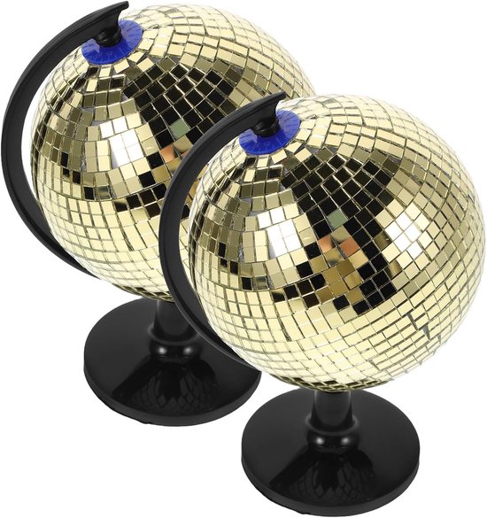 2 Stuks Gouden Disco Bal Decoratie met Zwarte Standaard Reflecterende Spiegelbol voor Retro Feest Kantoor Woonkamer Uniek Modern Tafeldecor Draagbaar Veelzijdig