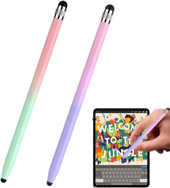 2 stuks, groen-roze en paars-roze verloop, 2-in-1 touchscreen-pen met rubberen punt, compatibel met iPhone, iPad, Samsung en meer, standaardformaat