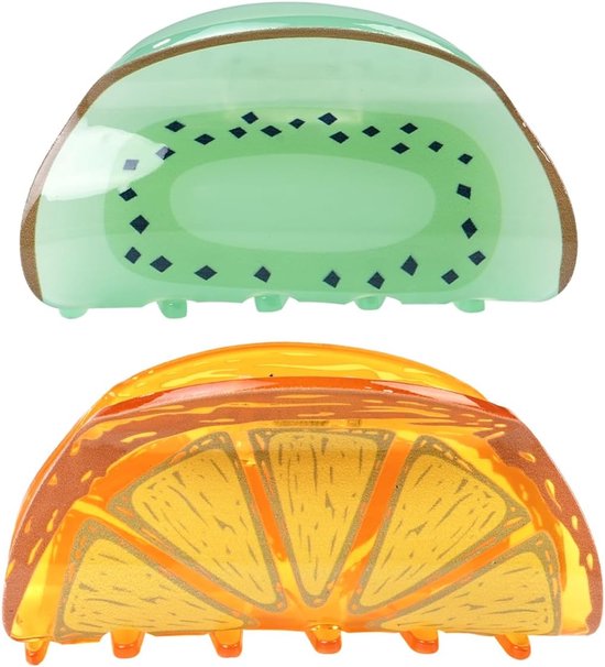 2 stuks haarspeldjes in de vorm van fruit - haaraccessoires van acryl met citroen en kiwi, mooie opvallende haarspeldjes 9,5 x 5 cm/8 x 4,5 cm