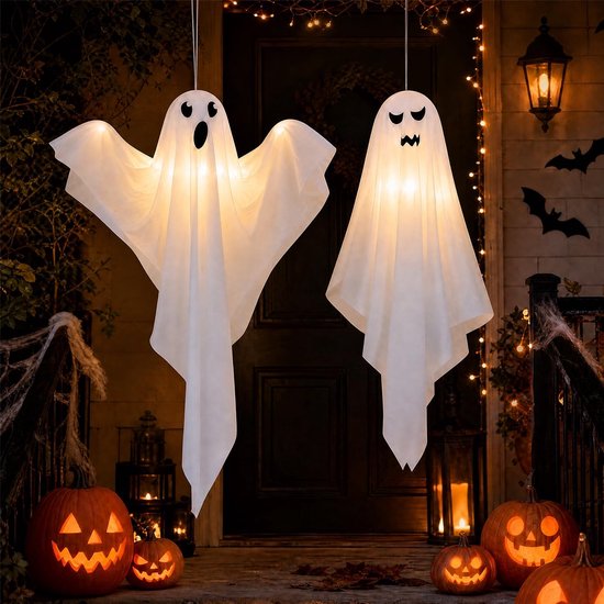 2 stuks Halloween decoratie outdoor geest, griezelige windzak, Halloween-decoraties hangend met led voor buiten, voortuin, terras, gazon, tuin, feestdecoratie