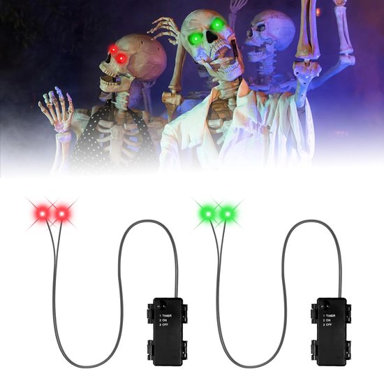 2 stuks Halloween oplichtende led-ogen, lichtgevende skeletogen met timer, led-skelet oog lichtketting, Halloween decoratief licht voor masker, doodskopen, pompoen, rekwisieten, cosplay (A)
