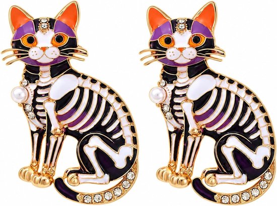 2 stuks Halloween skelet kat broche spelden, emaille zwarte kat reversspeld met strass steentjes, milieuvriendelijke zinklegering gotische badge voor vrouwen mannen, pak jas rugzak hoed sjaal