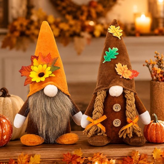 2 Stuks Herfst Kabouters Pluche, Herfstkabouter, Herfstdecoratie, Tafeldecoratie Herfst, Figuren Ornament Gezichtsloze Herfstdwergen voor Huis, Tafel Thanksgiving Decoraties (B)