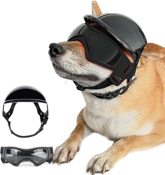 2 stuks hondenzonnebril en huisdierhelm set met hondenbril kleine hond motorfiets/fietshelm met oorgaten verstelbare hondenbril hoed voor puppy rijden