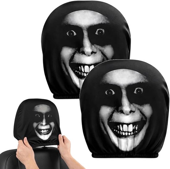 2 stuks horrorhoofdsteunhoezen met griezelig gezicht, grappige autohoofdsteunhoes voor Halloween, universele auto-accessoires van elastische stof, opdruk voor achter