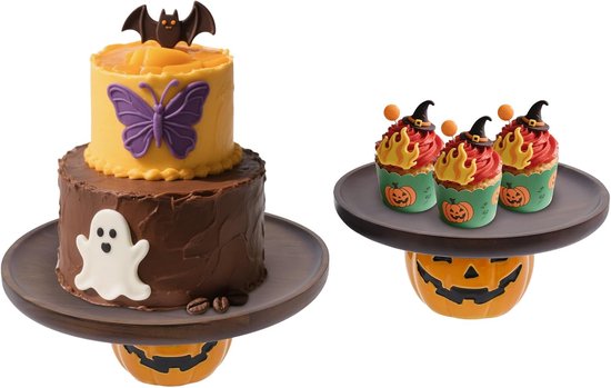 2 stuks houten dienblad, rond, met pompoenvormige basis, twee maten dienblad voor cake, snoep, koekjes, gebak, fruit, snacks