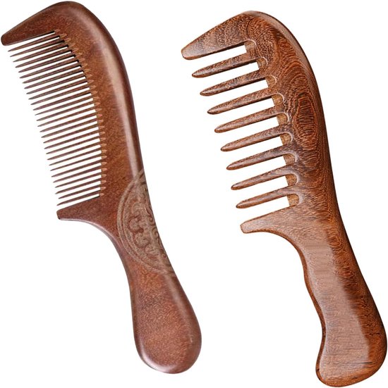 2 stuks houten kam, sandelhout, antistatische geurkam, haarkam met sandelhoutgeur, geschikt voor natte krullen van alle haartypes, uniseks