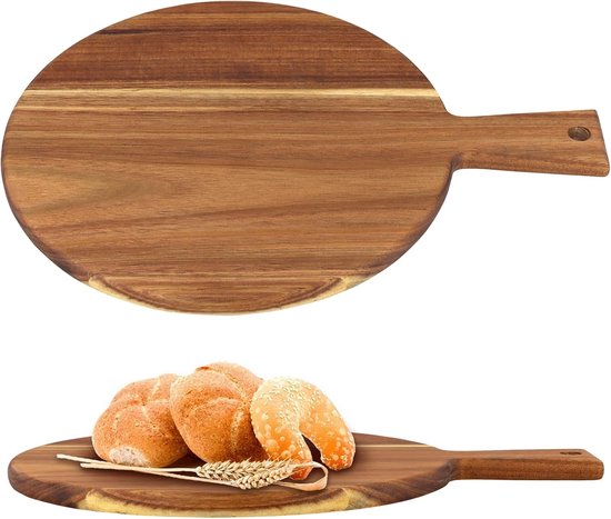 2 stuks houten pizzaplank, rond, 30 cm, 40 x 30 x 1,5 cm, bruin met handvat, houten pizzabord serveerplaat voor keuken
