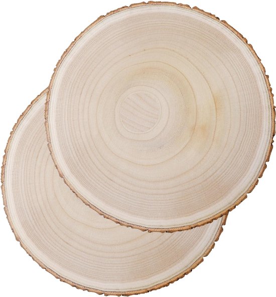 2 stuks houten schijven, 2 cm dik, 26-30 cm, boomschijven 30 cm, decoratie met schors, boomschijven zonder gat, diameter rond, van paulownia-hout, voor kerstdecoratie, bruiloft en doe-het-zelf