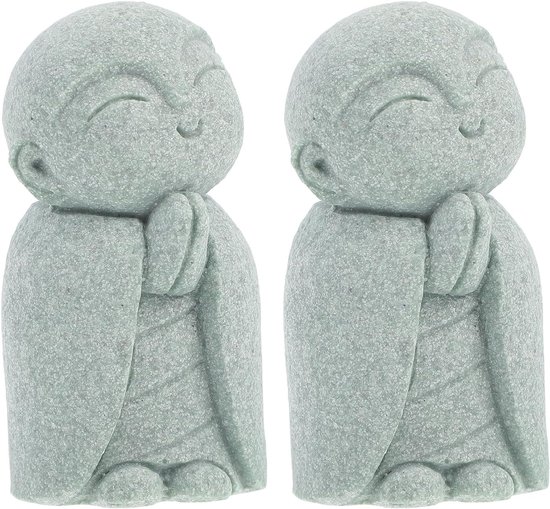 2 Stuks Japanse Jizo Beeldhouwwerk van Duurzaam Zandsteen Smilende Boeddha Meditatie Ornament voor Zen Tuin Feng Shui Decoratie Buitenruimte
