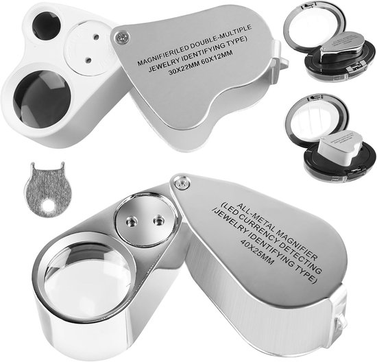 2 stuks juweliersvergrootglas, 30 x 40 x 60 x juweliersloep met led- en uv-zwart licht, sieradenvergrootglas, zakloep met licht voor edelstenen, diamanten, sieraden, rokken, postzegels (zilver)