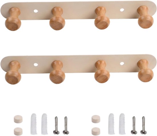 2 stuks kapstokhaken met 4 houten haken, wandkledinghaken, houten kapstok voor hal, woonkamer, slaapkamer, keuken, garderobe
