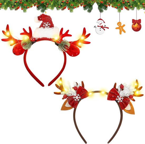 2 stuks kerstgewei haarband, kersthaarband, kerstgewei, haarband, Kerstmis, verlichte kersthoofdbanden met led, kersthaarband voor Kerstmis, vakantie, feest