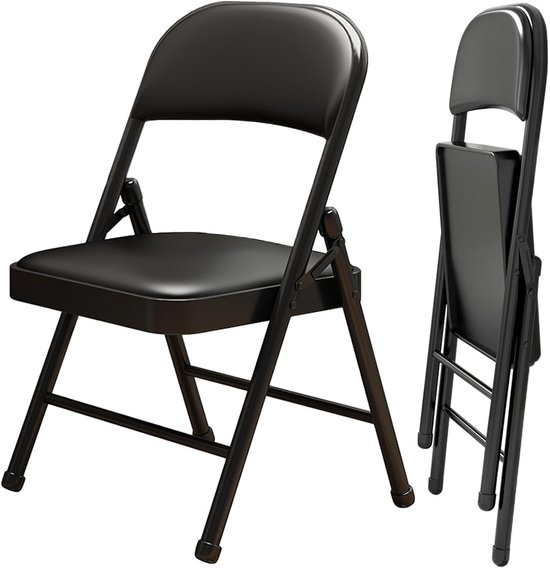 2 stuks klapstoelen met lederen gewatteerd kussen en rug, metalen zwarte opvouwbare stoel voor binnen buiten, commerciële stapelbare gaststoelen voor kantoorevenementen bruiloft feest keuken