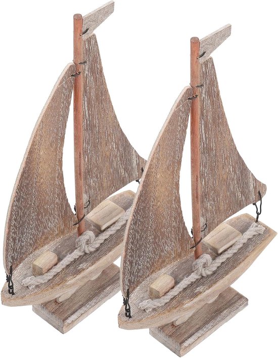 2 Stuks Kleine Houten Zeilboot Decoratie Rustieke Houten Zeilschip Sculptuur Vintage Nautische Tafelversiering voor Woonkamer Kantoor