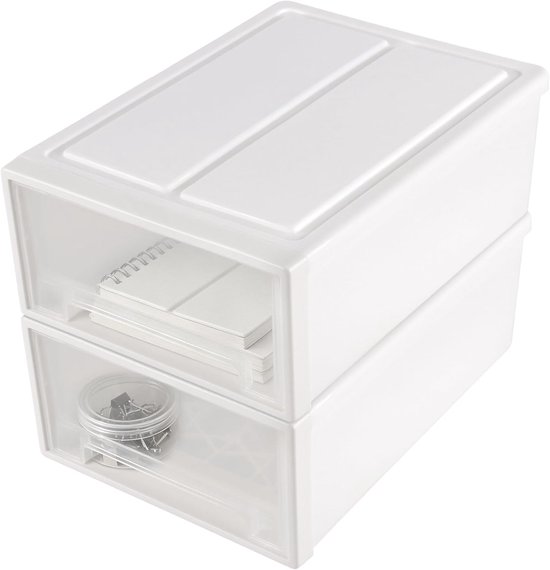 2 stuks ladenbox, kunststof, wit, 30 x 22 x 12 cm, stapelbare bureau-organizer met laden, opbergdoos voor badkamer, slaapkamer, kantoor