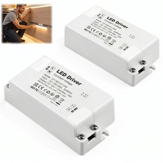 2 stuks led-drivers, 12 V, 15 W, led-voeding 12 V, transformator 1,25 A, voedingen 220 V naar 1,25 A, driver AC/DC met constante spanning, compacte transformator voor G4 MR11 MR16 spot, keuken