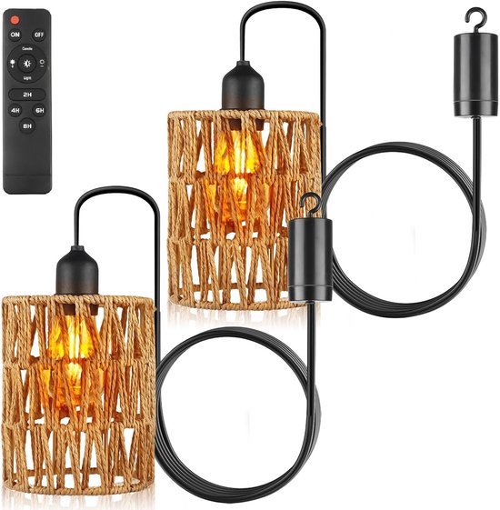 2 stuks led-hanglamp op batterijen met afstandsbediening, hanglamp zonder stroom, verlichting zonder stroom voor buiten, decoratieve lamp boho voor tuin, balkon, woonkamer, hal, camping