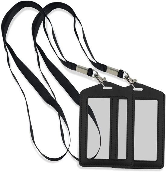 2 stuks lederen ID-badgehouder, verticale lederen zakelijke badgekaarthouder met dubbele duidelijke ID-venster, 2 afneembare nekriemen, zwart