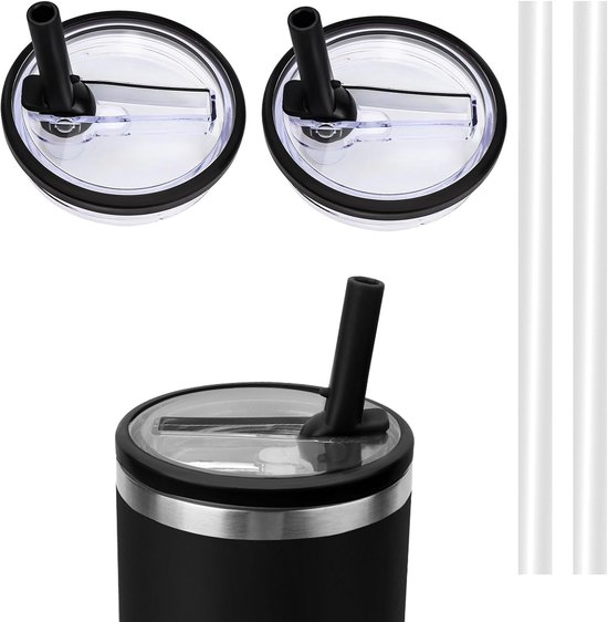2 stuks lekvrije 40oz tumbler flip rietdeksel vervangingen,met 2 rietjes,lekvrij en stofdicht,herbruikbaar en gemakkelijk schoon te Maken,Tmbler Accessoires (Eclipse Zwart)