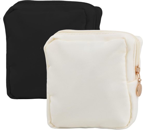 2 stuks menstruatiezakjes voor tienermeisjes, maandverband opbergtas met ritssluiting, kleine make-uptassen, make-upzakje, menstruatiematas, tamponhouder voor portemonnee, reizen, school (zwart en wit