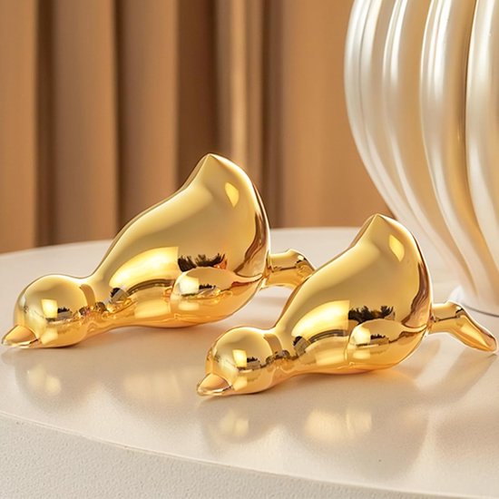 2 stuks Mini Gouden Eend Standbeeld, Moderne Keramische Eend Beeldjes voor Home Decor Item, Gouden Accent Decor, Grappige Dieren Sculpturen en Standbeelden, Knick Knacks voor Plank Decor