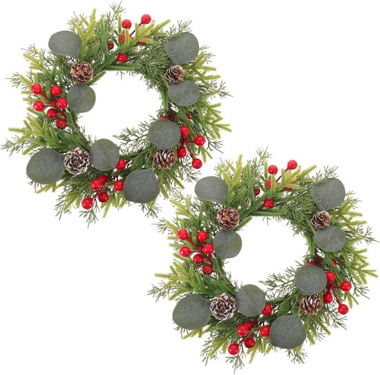 2 Stuks Mini Kerstkrans Kunstmatige Dennenkrans voor Voordeur Keukenkast Decoratie Ruimtebesparend Herbruikbaar Eenvoudig Hangen