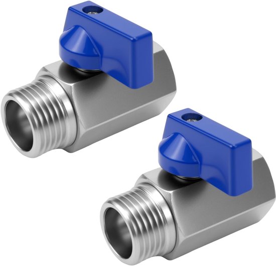 2 stuks mini-kogelkraan (1/2 inch IG x 1/2 inch AG), koolstofstaal afsluitkraan, 1/2 inch, DN15, parelnikkel, anti-roest (blauw, 1/2 inch (IG x AG))