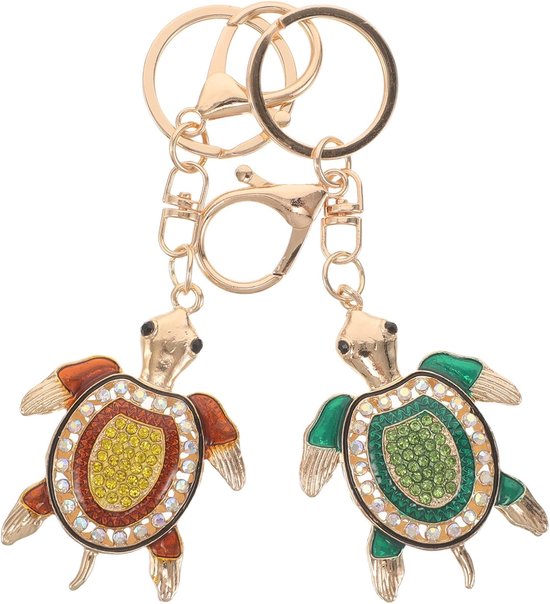 2 Stuks Mini Rhinestone Schildpad Sleutelhanger Schattige Dieren Hanger voor Rugzakken Autosleutels Metaal Ocean Themed Geschenkset in Citroengeel Groen