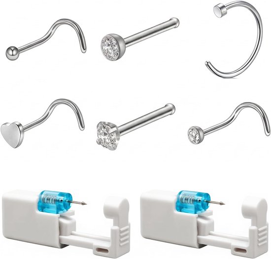 2 stuks neuspiercing-pistool met neussteker, veiligheid, draagbaar, zelf neuspiercing, zilver, set met 6 neuspiercings, stekers, ring