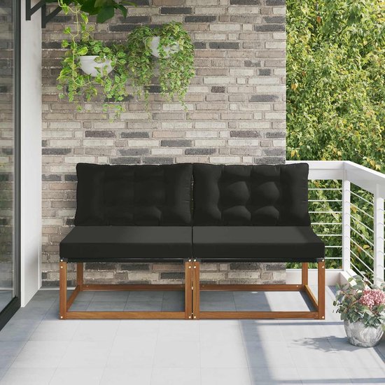 2 stuks outdoor middenbank van massief acacia in naturel met comfortabele kussens, modulaire tuinbankset voor terras, balkon, tuin, weerbestendige constructie