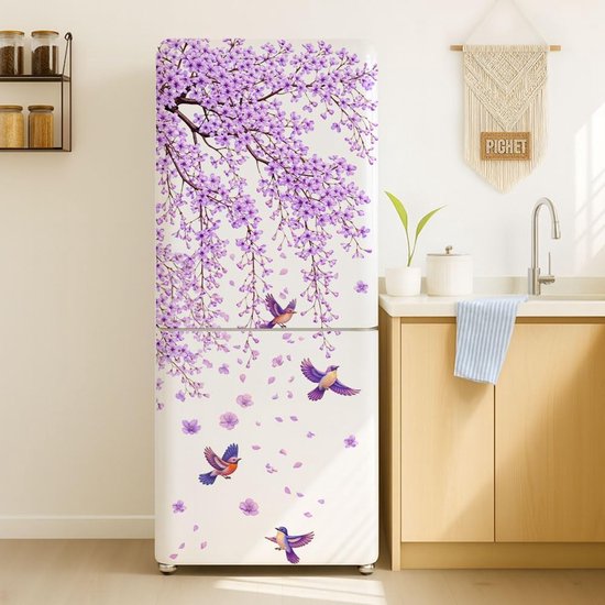 2 stuks paarse bloesem en vogel patroon verwijderbare koelkast wraps, zelfklevende koelkast deur muurschildering vinyl vriezers paneel cover sticker voor keuken bar decor, 41,5 x 200 cm