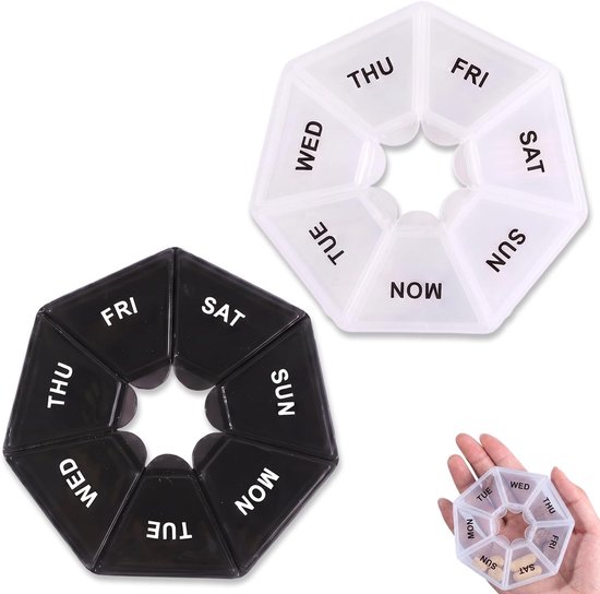 2 stuks pillendoosjes wekelijks 7 dagen, pillendoos met 7 vakken voor dag en nacht, draagbare medicijnorganizer voor vitamines, voedingssupplementen en visolie, zwart en wit