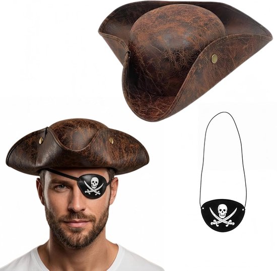 2 stuks piraat hoed ooglapje, bruine tricorn hoed, kunstleertricorn bruin middeleeuwse koloniale stijl, voor Halloween themafeest, cosplay, verkleedkleding volwassenen