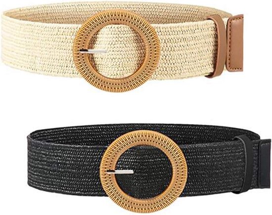 2 stuks rieten geweven tailleriem, elastische stretch vrouwen gevlochten riem met houten stijl gesp, zwart-wit, One Size