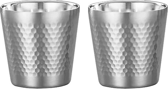 2 stuks roestvrijstalen bekers (180 ml/per, zilver), diamanthamerpatroon, dubbelwandig, kleine ijstheemokken, dikkere koffiekopjes, herbruikbare metalen waterbeker, voor kamperen, buiten, feest
