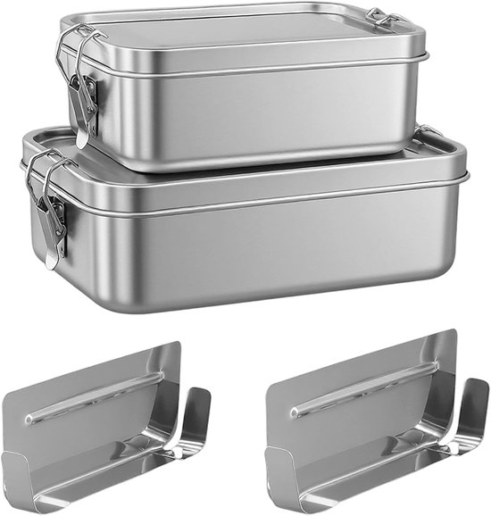 2 stuks roestvrijstalen broodtrommel met vakken, 850 ml en 1400 ml, lunchbox, metaal, lekvrij, broodtrommel met beweegbare scheidingswand, roestvrijstalen broodtrommel voor werk, picknick