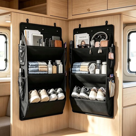 2 stuks schoenenhouders voor campers met 3 vakken, plakband, multifunctionele opslag voor schoenen, documenten en kleding, ruimtebesparend deurrek voor thuis, kantoor, caravan en camping, zwart