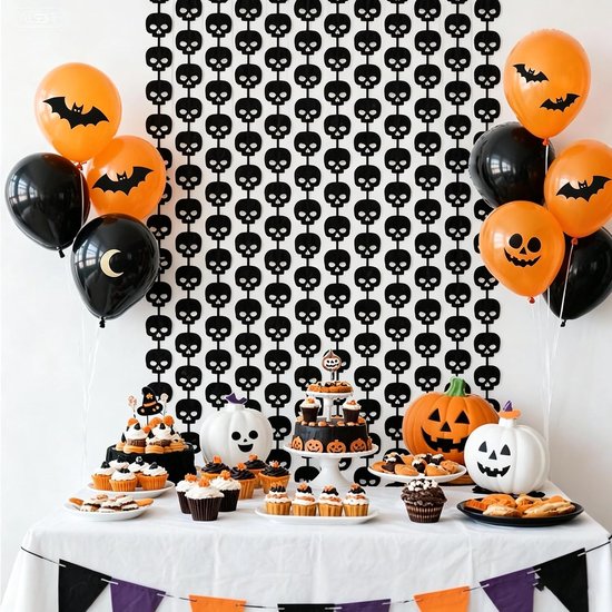 2 stuks set Halloween partij decoratie slip gordijnen-03 zwarte schedel | Halloween gotische muur achtergordijnen | Thanksgiving verjaardag bruiloft thema partij muur decoratie(1mx2m)