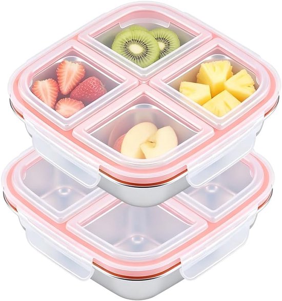 2 stuks snackbox met 4 vakken, 600 ml snackbox met vakken, roestvrij staal, herbruikbare snackbox voor kinderen en volwassenen, meal prep container kinderen, voor school, kantoor, camping